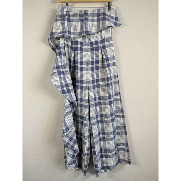 Gianni Bini Women’s Ruffle Front Navy White Plaid Culotte Jumpsuit Romper Size S - Picture 8 of 15